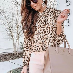 EUC J Crew Leopard Print Tie Neck Blouse